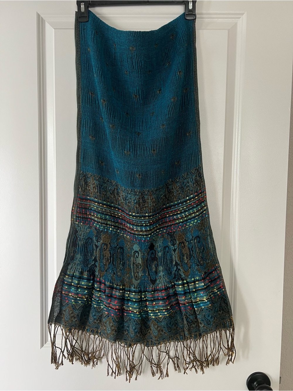 Teal Boho Fringe Scarf/Shawl with Multicolor Embroidery